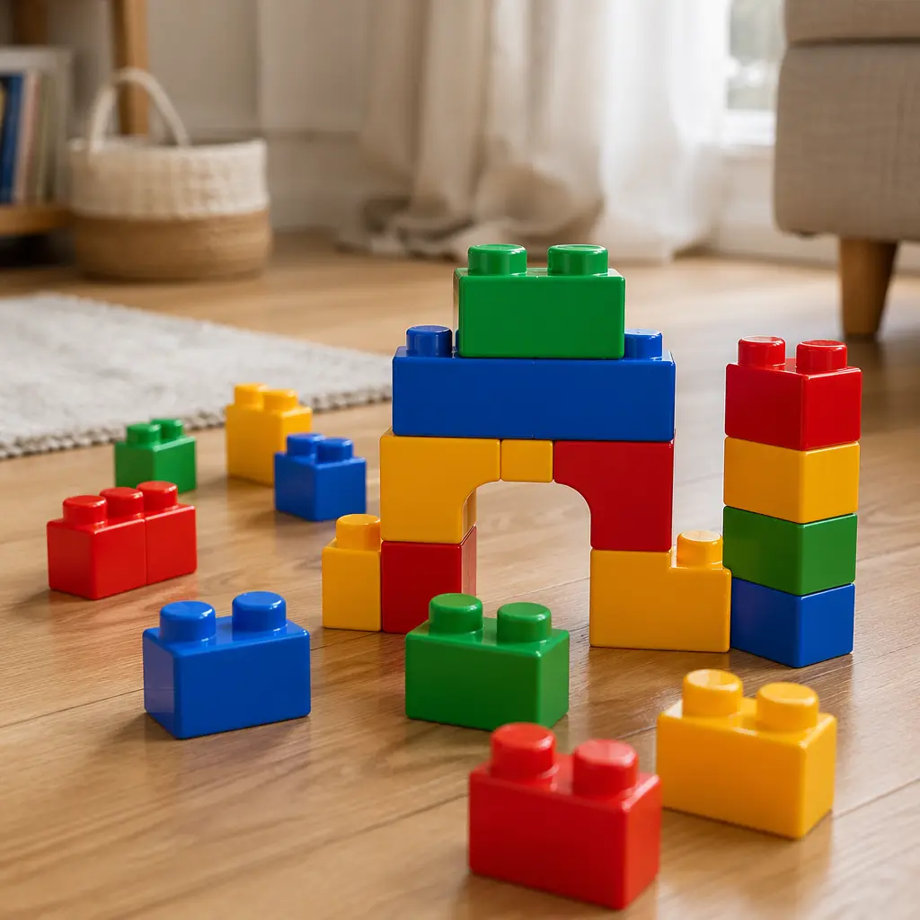 Sturdy colorful building blocks on a wooden floor in natural light