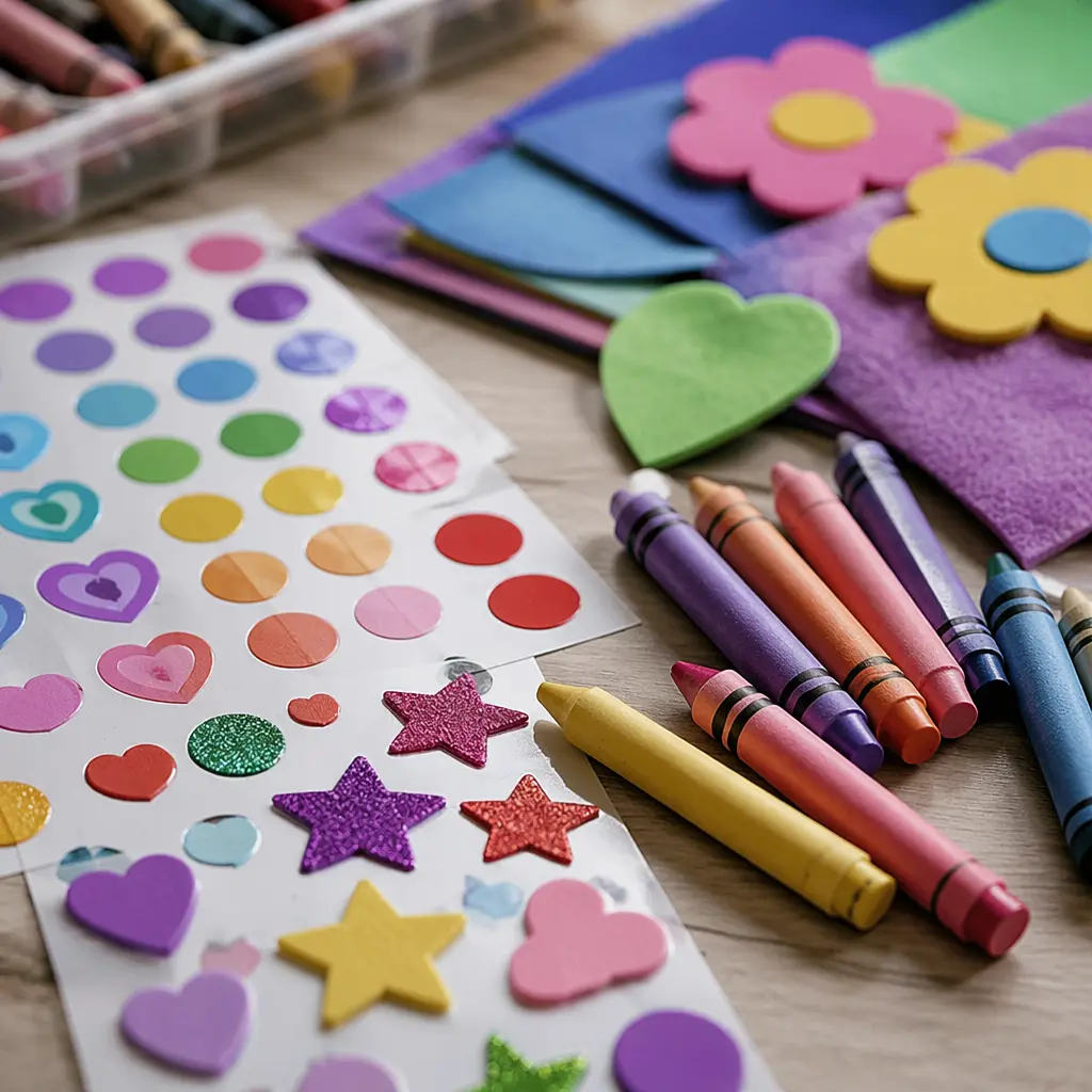 Close-up of preschool-friendly craft materials arranged neatly