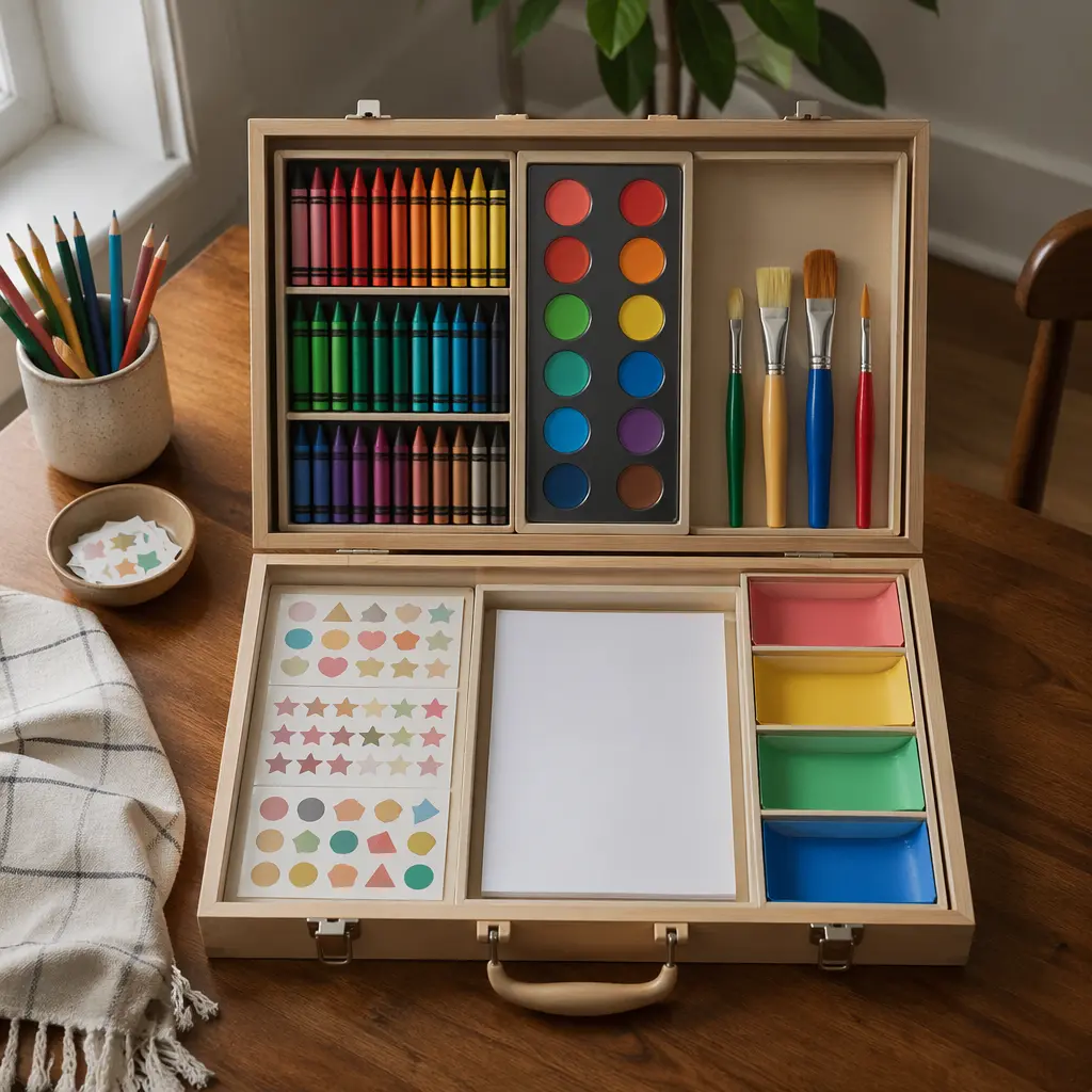 An open arts and crafts kit with neatly organized supplies on a table