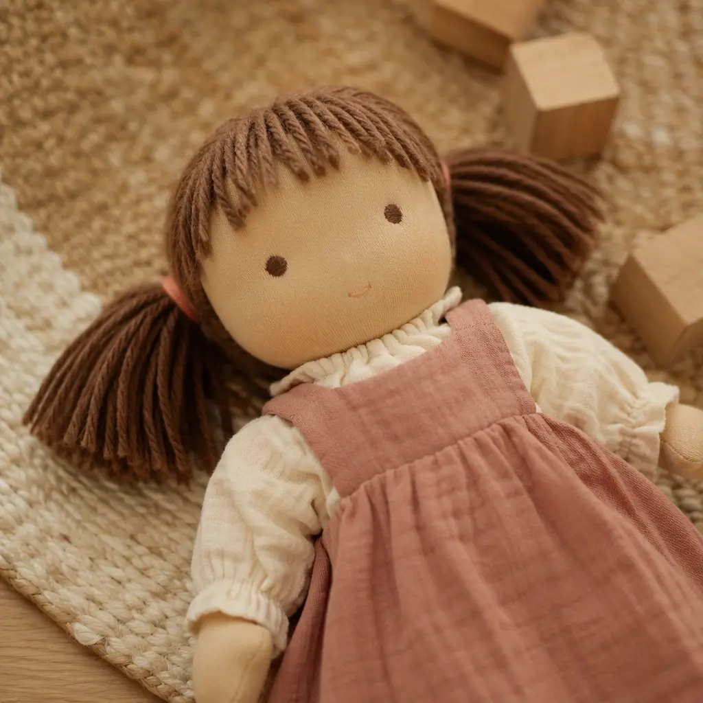A simple cloth doll placed on a rug with wooden toys nearby.
