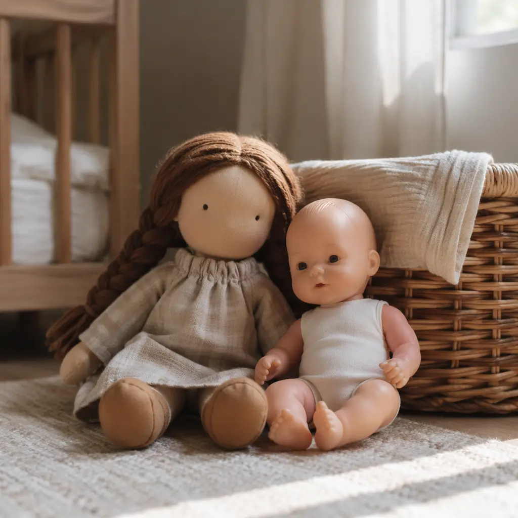 Soft cloth and simple baby dolls in a bright, calm nursery setting.