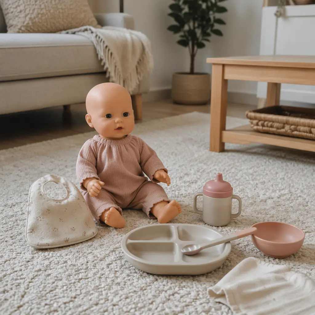 Doll with pretend feeding items arranged on a rug