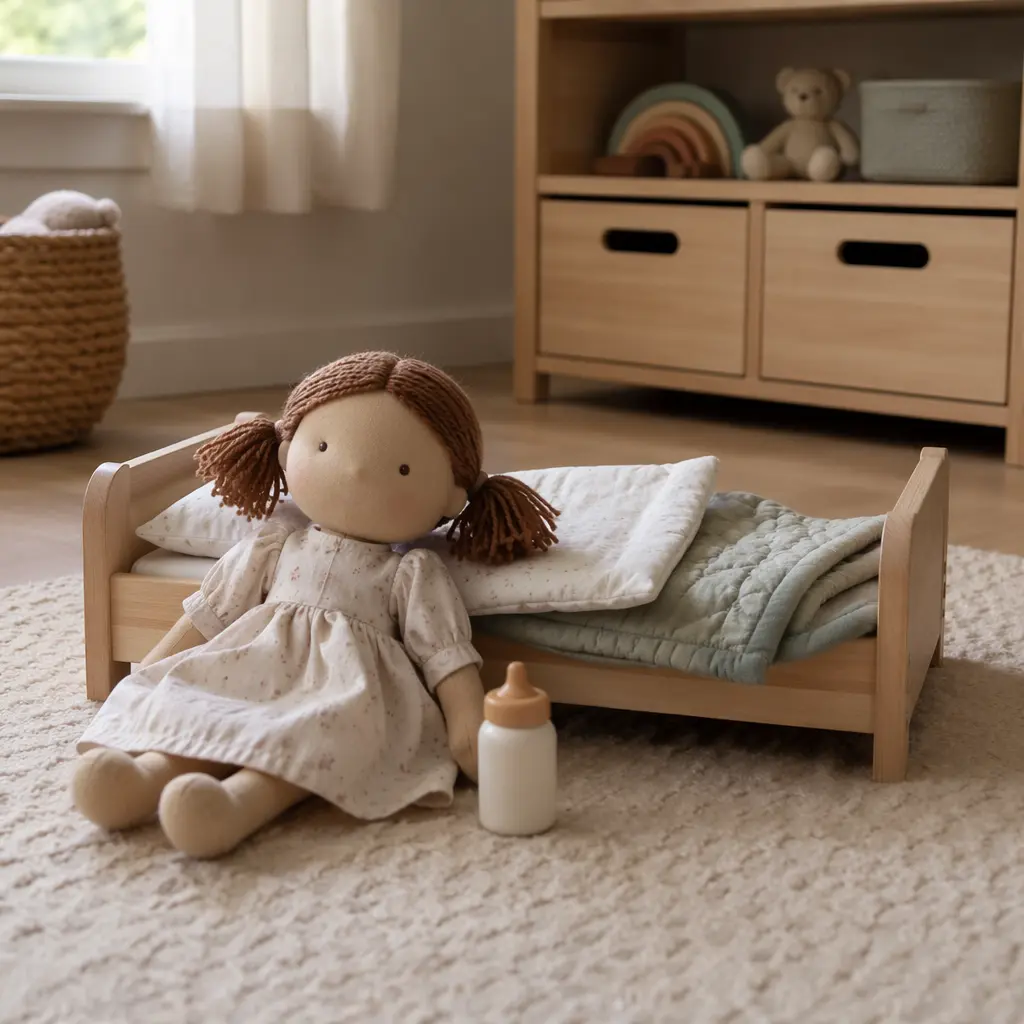 Soft cloth doll with pretend care accessories in a calm nursery setting