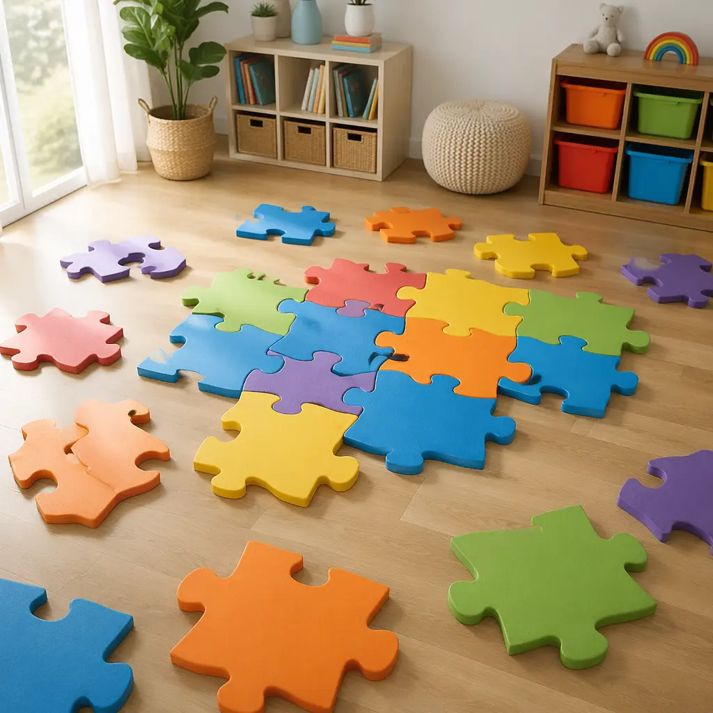 Oversized floor puzzle pieces spread across a playroom floor