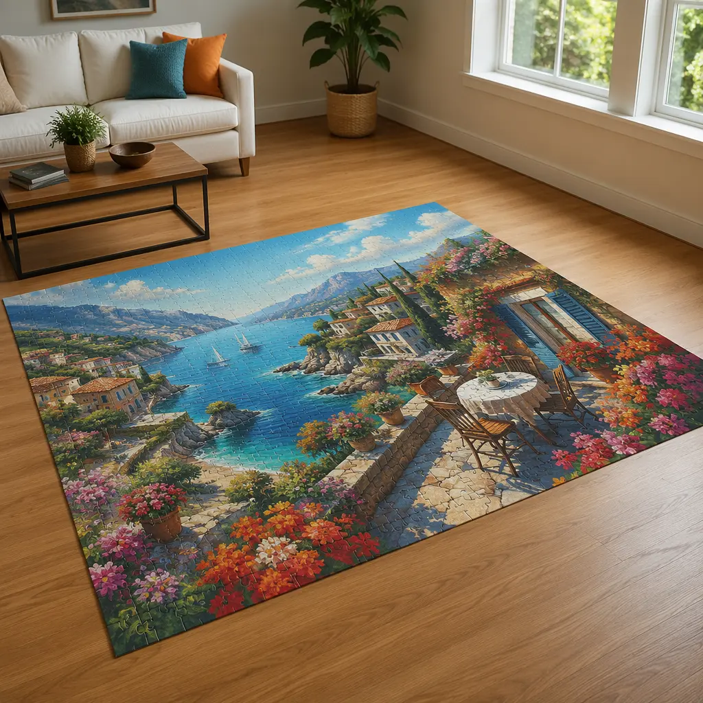 Completed oversized floor puzzle on a hardwood floor