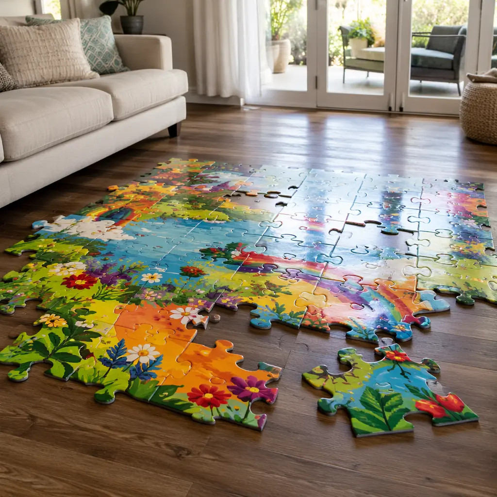 Large-piece floor puzzle laid out on a living room floor with colorful pieces