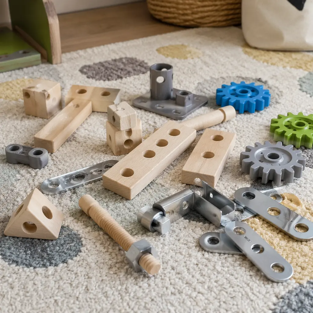 Mixed building materials arranged on a playroom rug