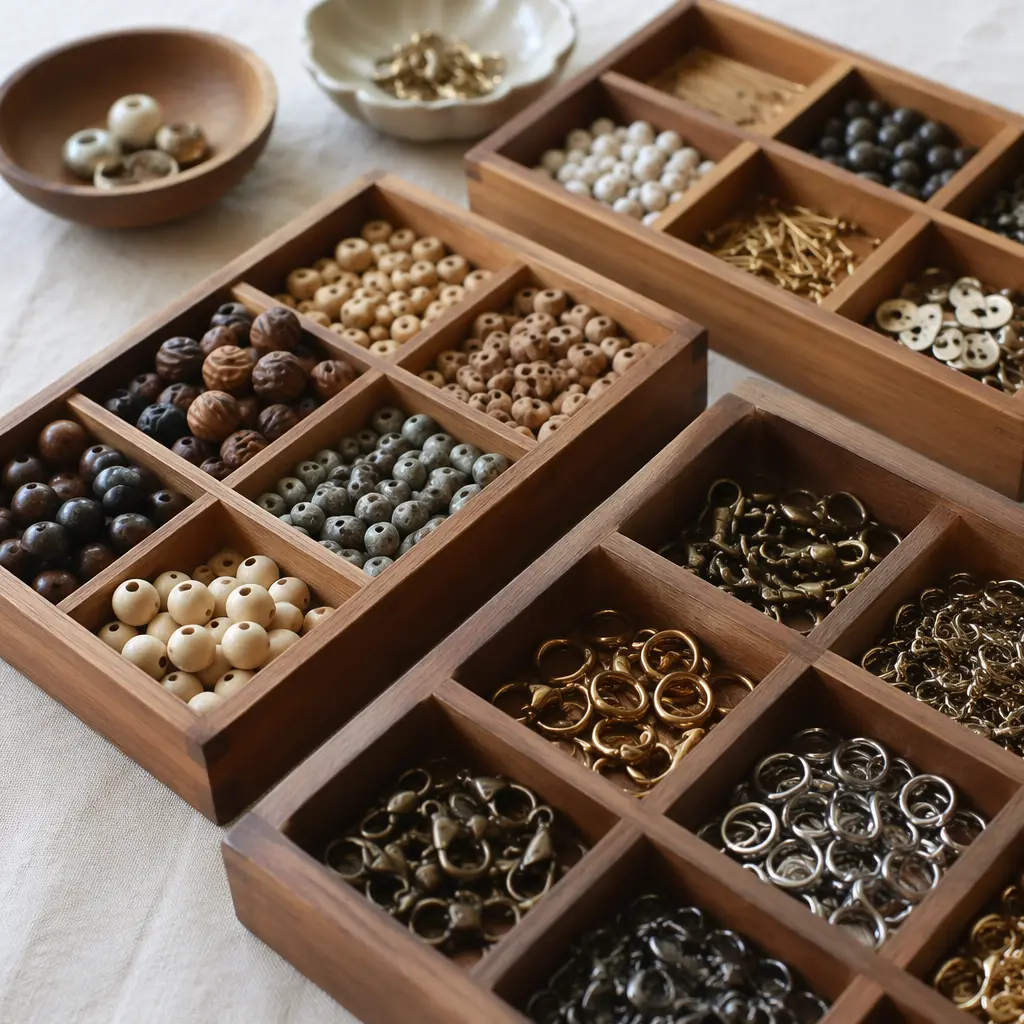 Loose building parts organized in wooden trays