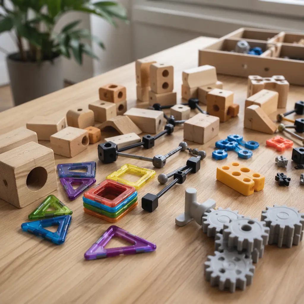 Assorted loose-parts building toys spread on a table in soft natural light