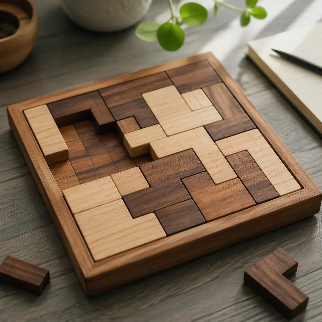 A partially solved wooden logic puzzle on a desk