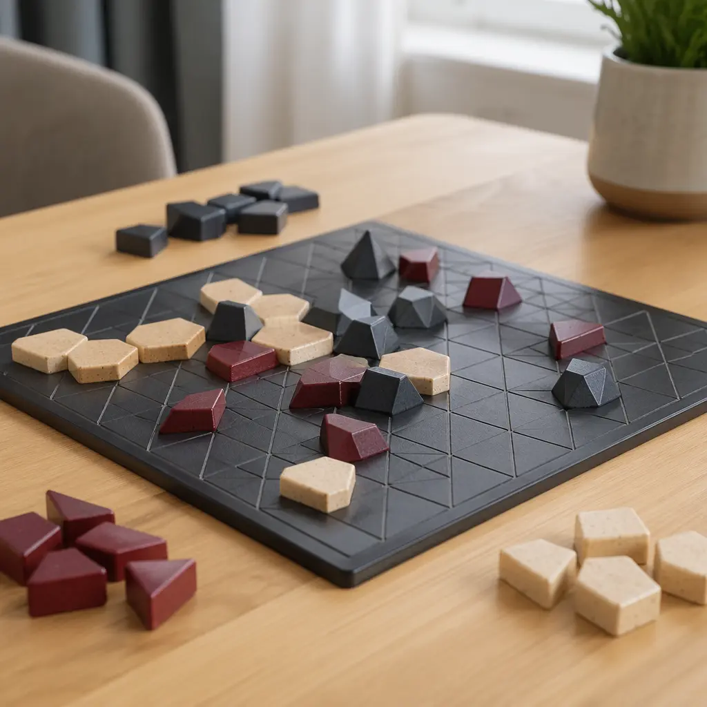 A geometric tabletop strategy puzzle set up mid-game