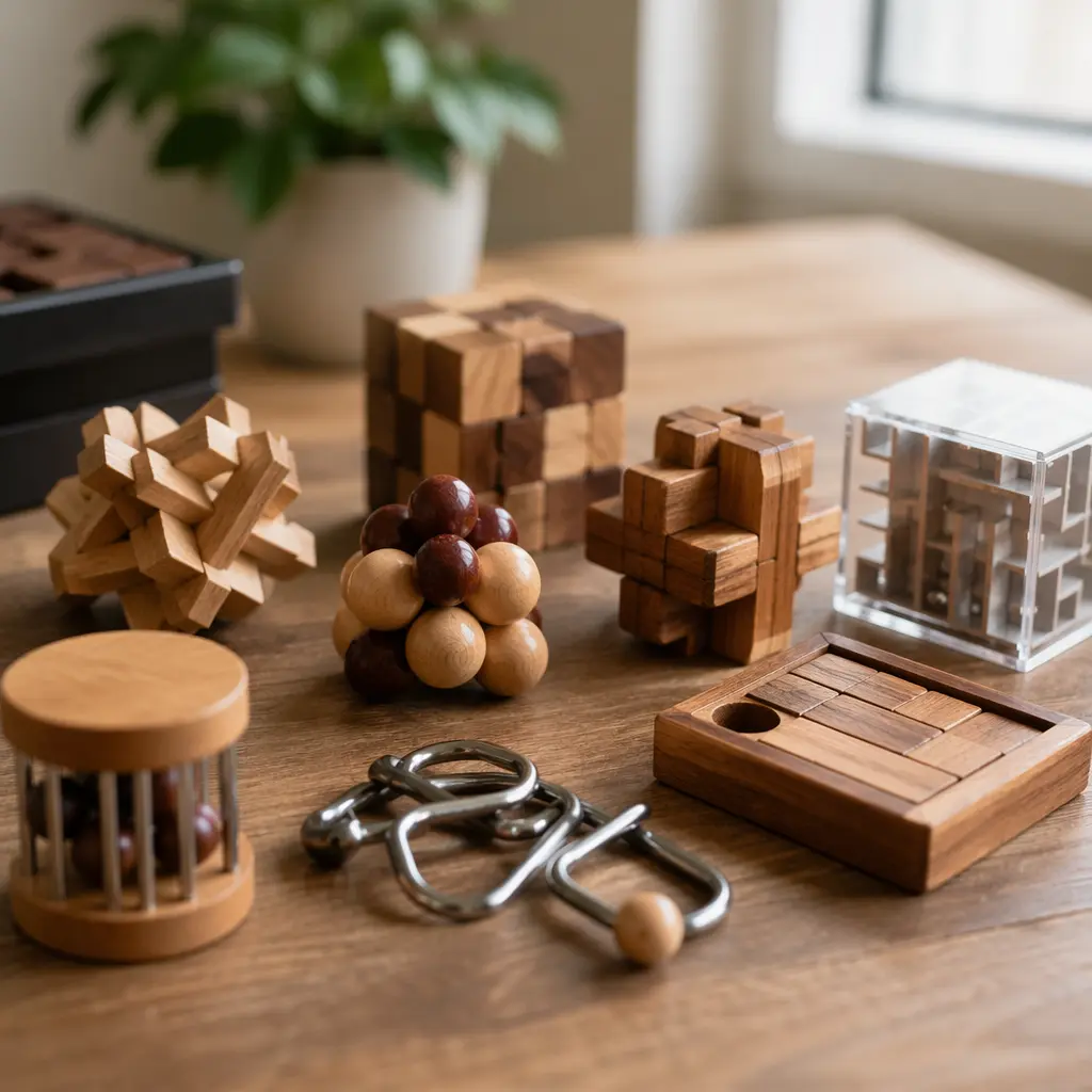 Assorted low-tech strategy puzzles arranged on a table in soft natural light