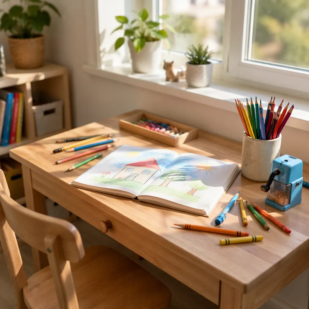A small desk set up with simple art tools ready for independent use.