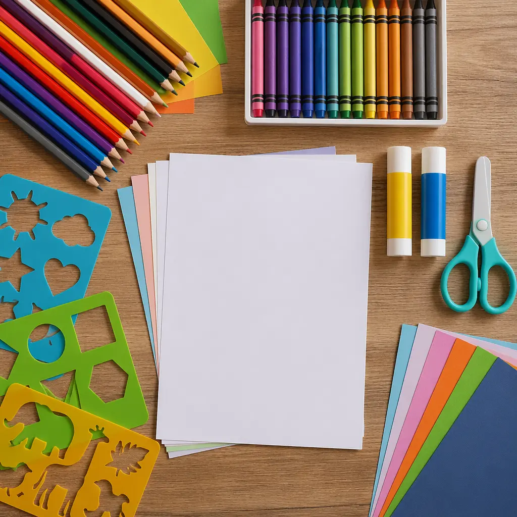 A tidy arrangement of classic art supplies suitable for kids, shown in soft natural light.