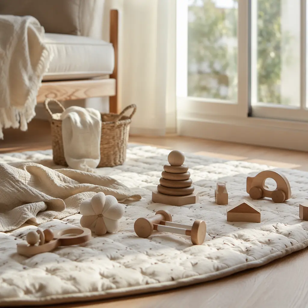 Fabric and wooden baby toys on a sunlit play mat