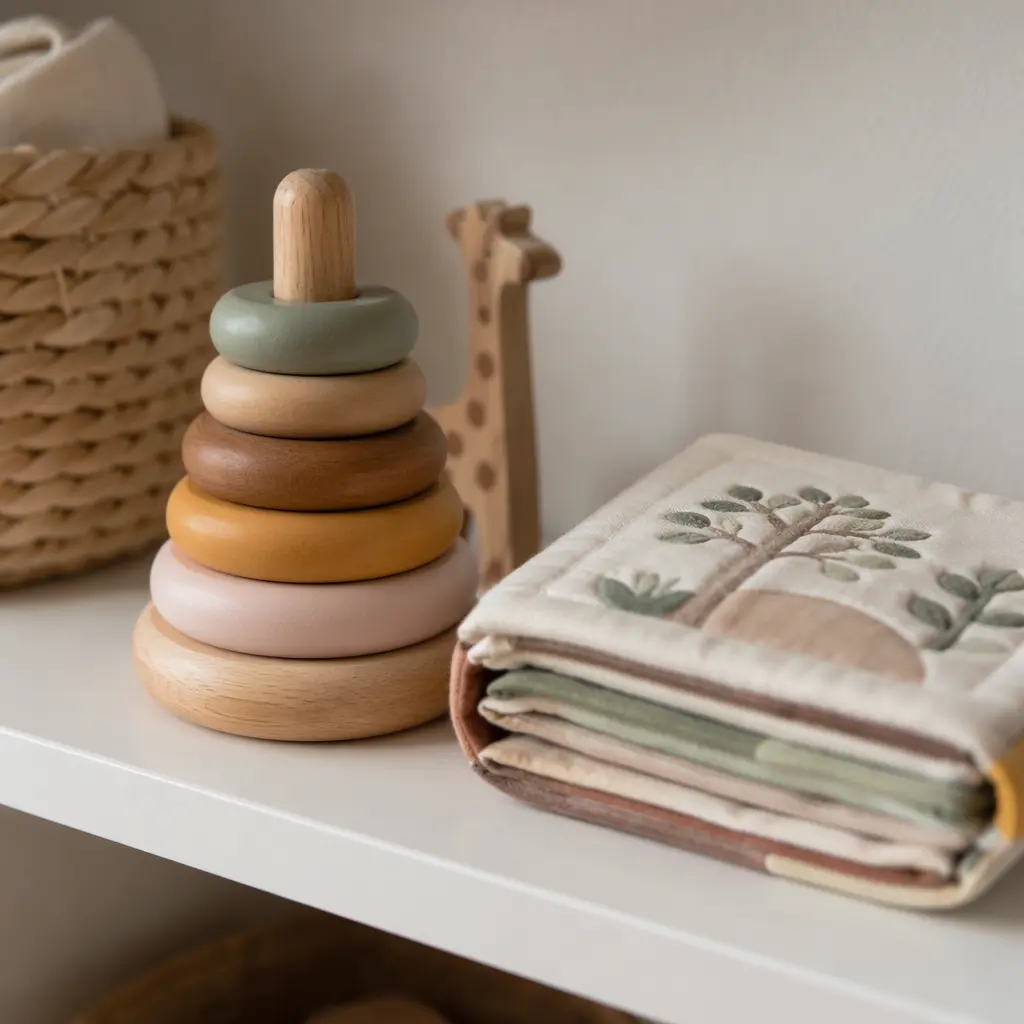 Wooden ring toy and cloth book on a nursery shelf