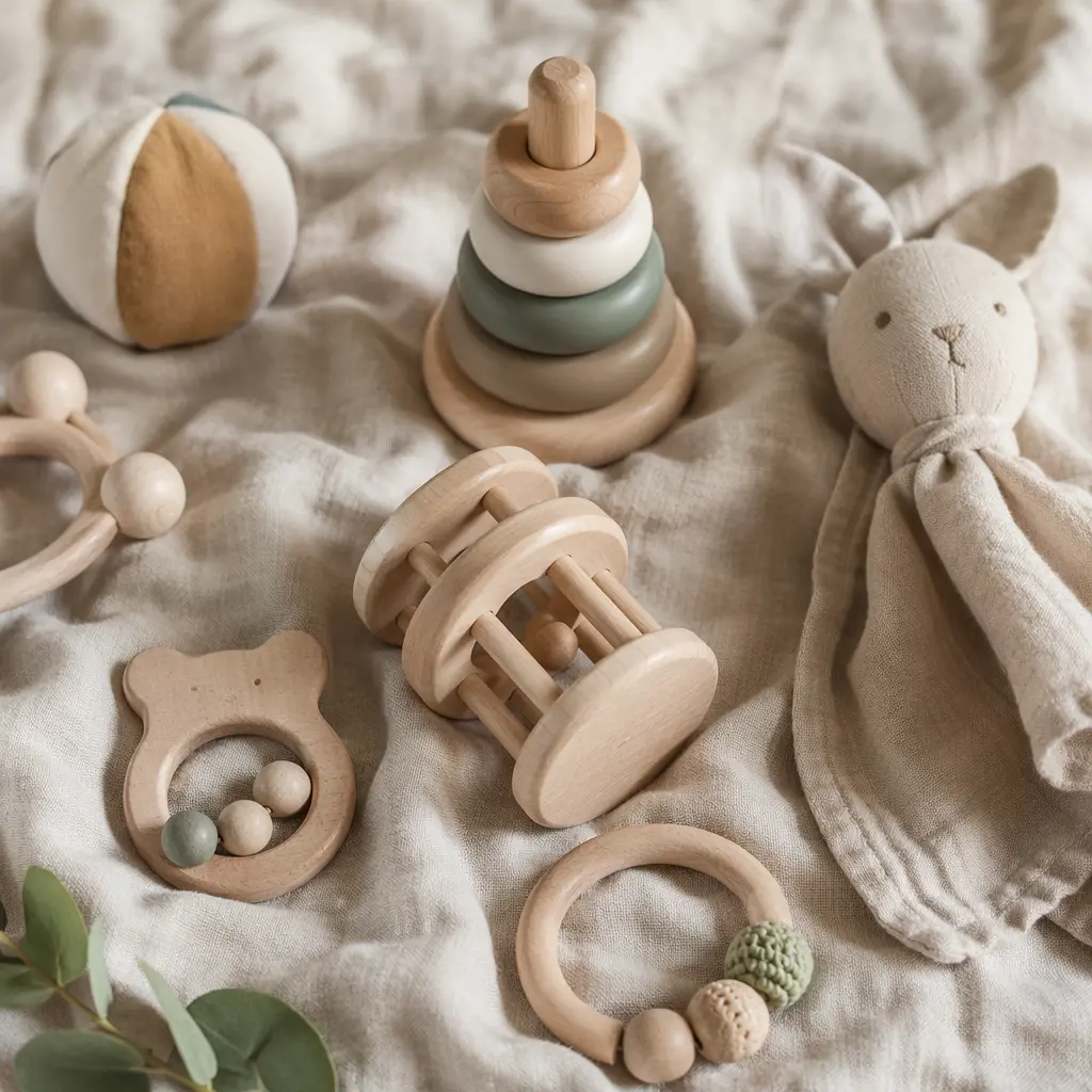 Simple no-battery baby toys arranged on a soft neutral blanket