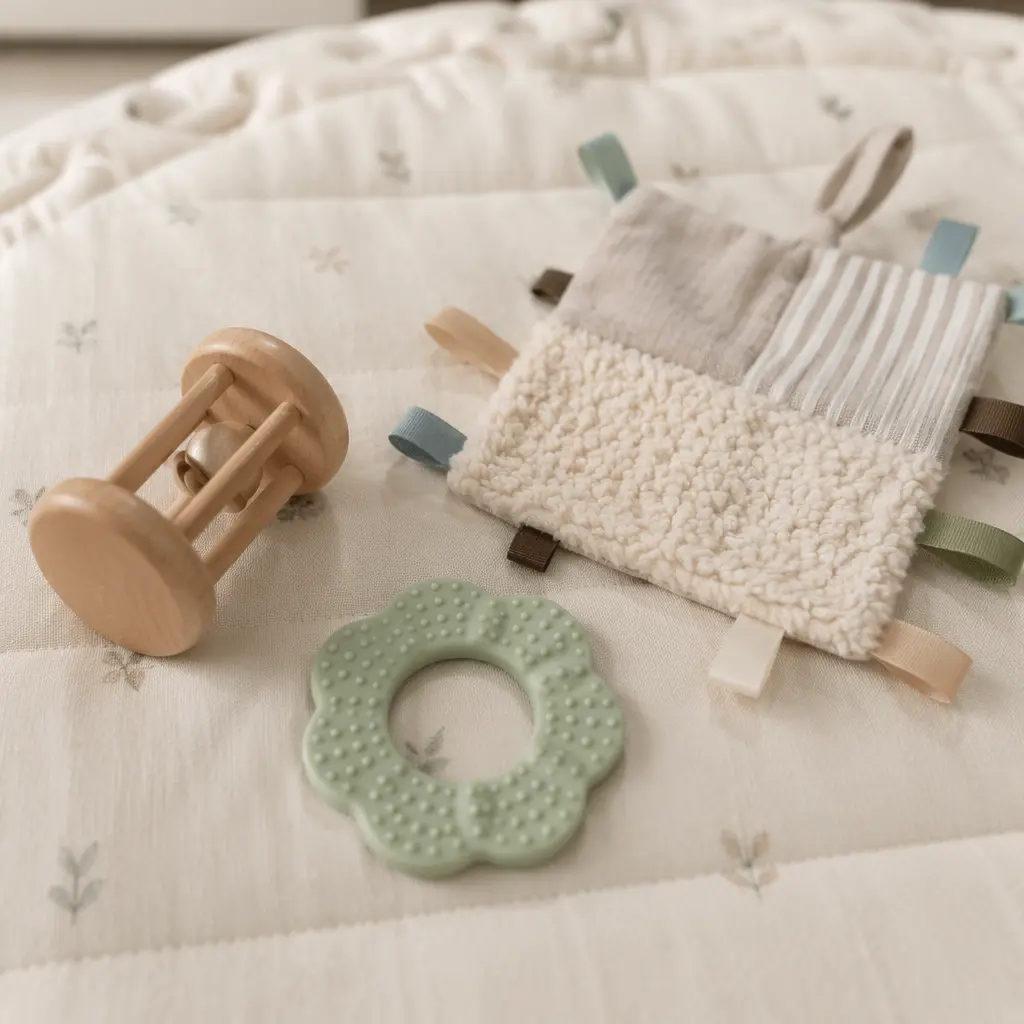 Close-up of simple wooden and fabric baby toys on a play mat