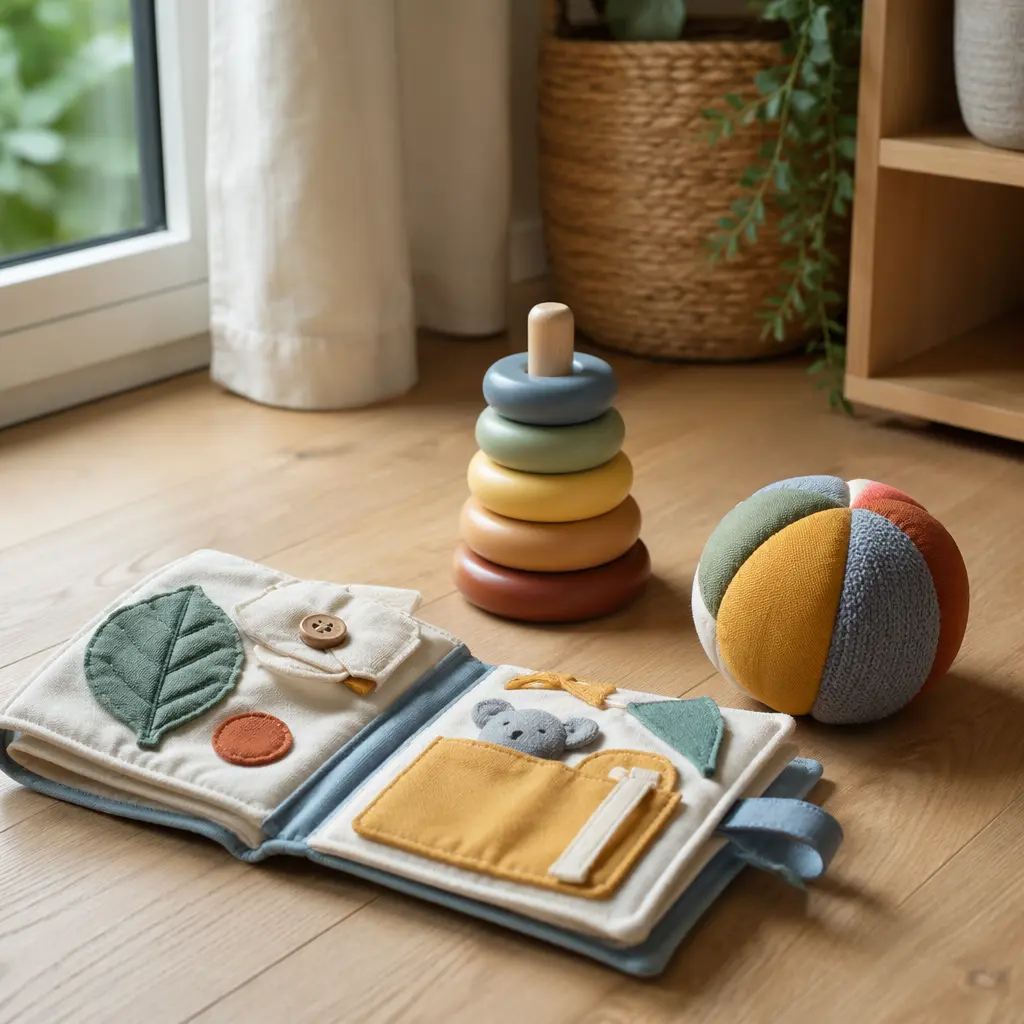 No-battery baby toys arranged in a bright, calm room