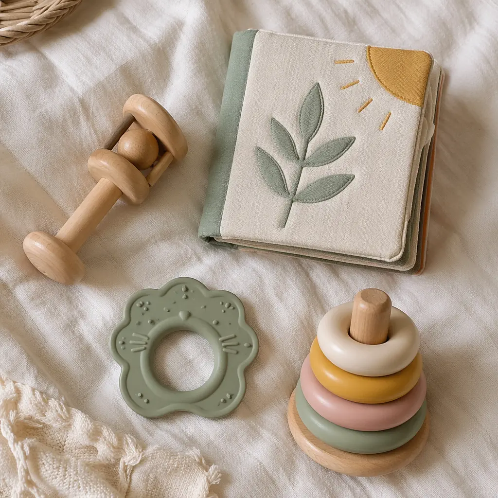 Classic no-battery baby toys arranged on a soft blanket