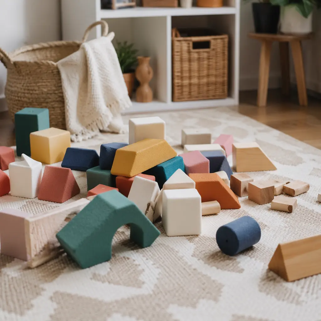 Toddler building blocks knocked over on a play mat
