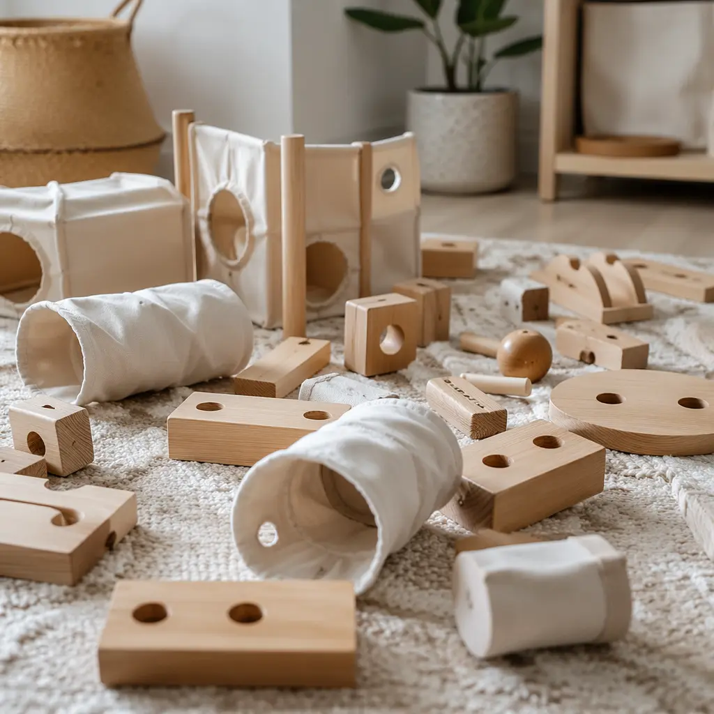 Close-up of sturdy toddler building pieces on a rug