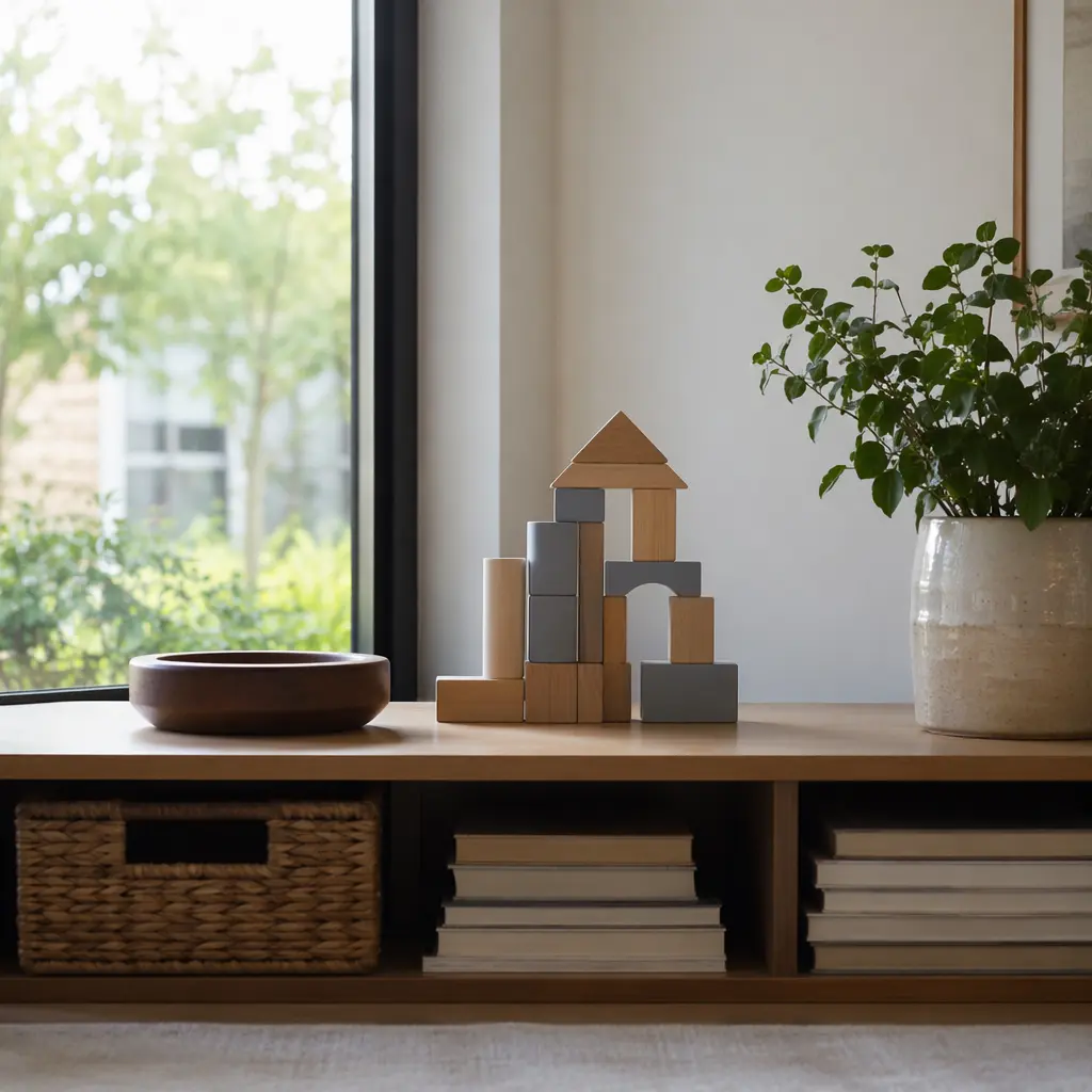 Simple block structures displayed on a shelf in natural light
