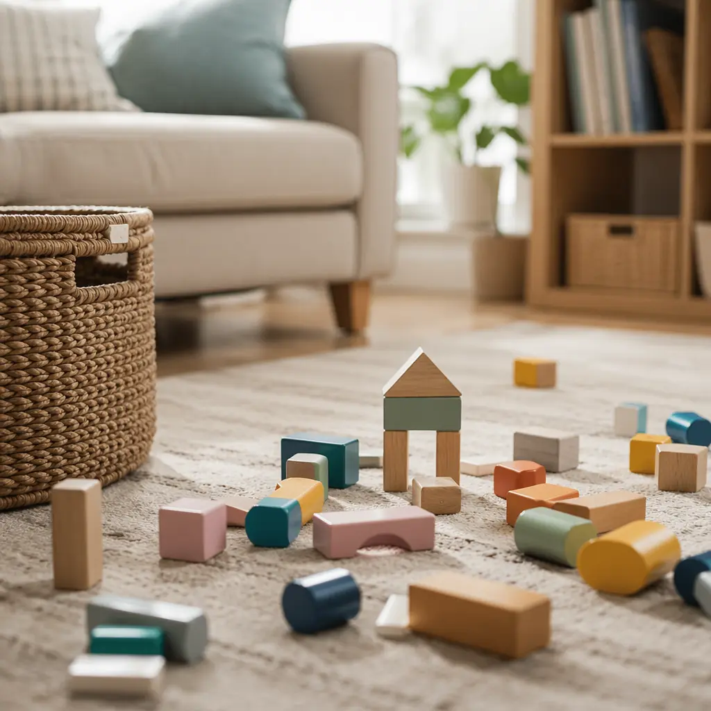 Chunky toddler building blocks on a living room floor in natural light