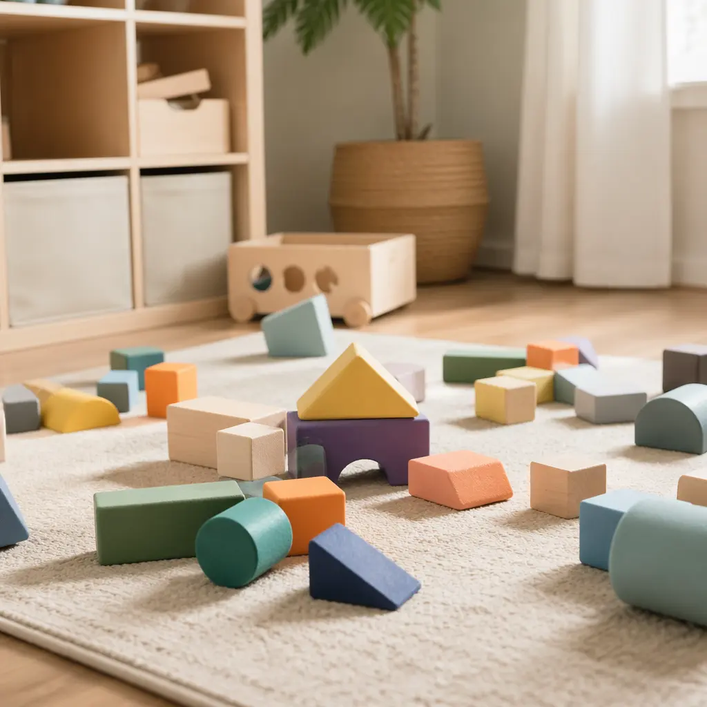 Large foam and wooden blocks scattered after being knocked down
