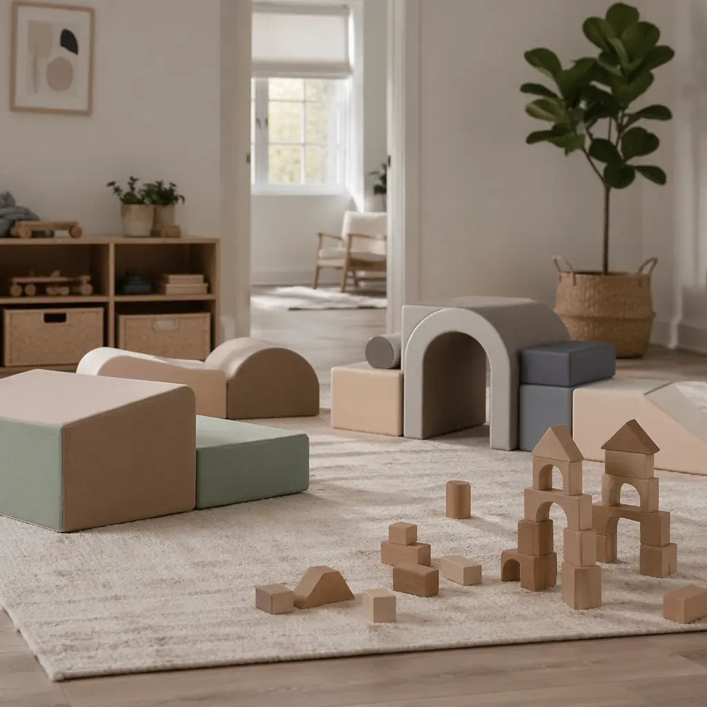 Toddler play area with foam and wooden building blocks on a rug