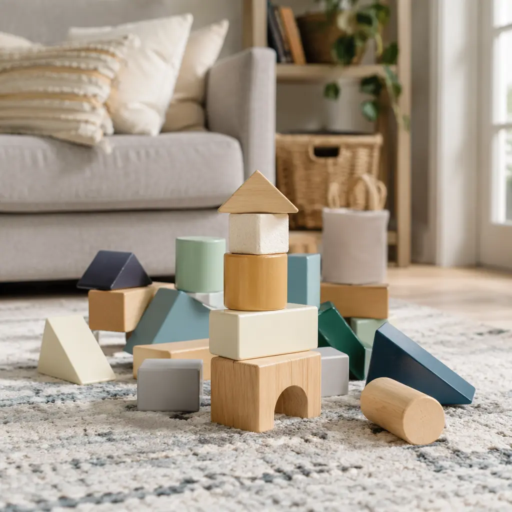 Chunky toddler building blocks stacked and knocked over on a living room floor