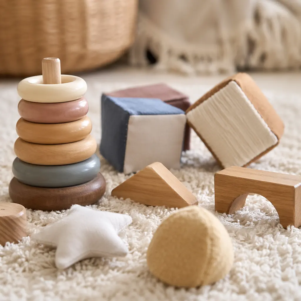 Wooden and fabric baby toys on a soft rug in natural light