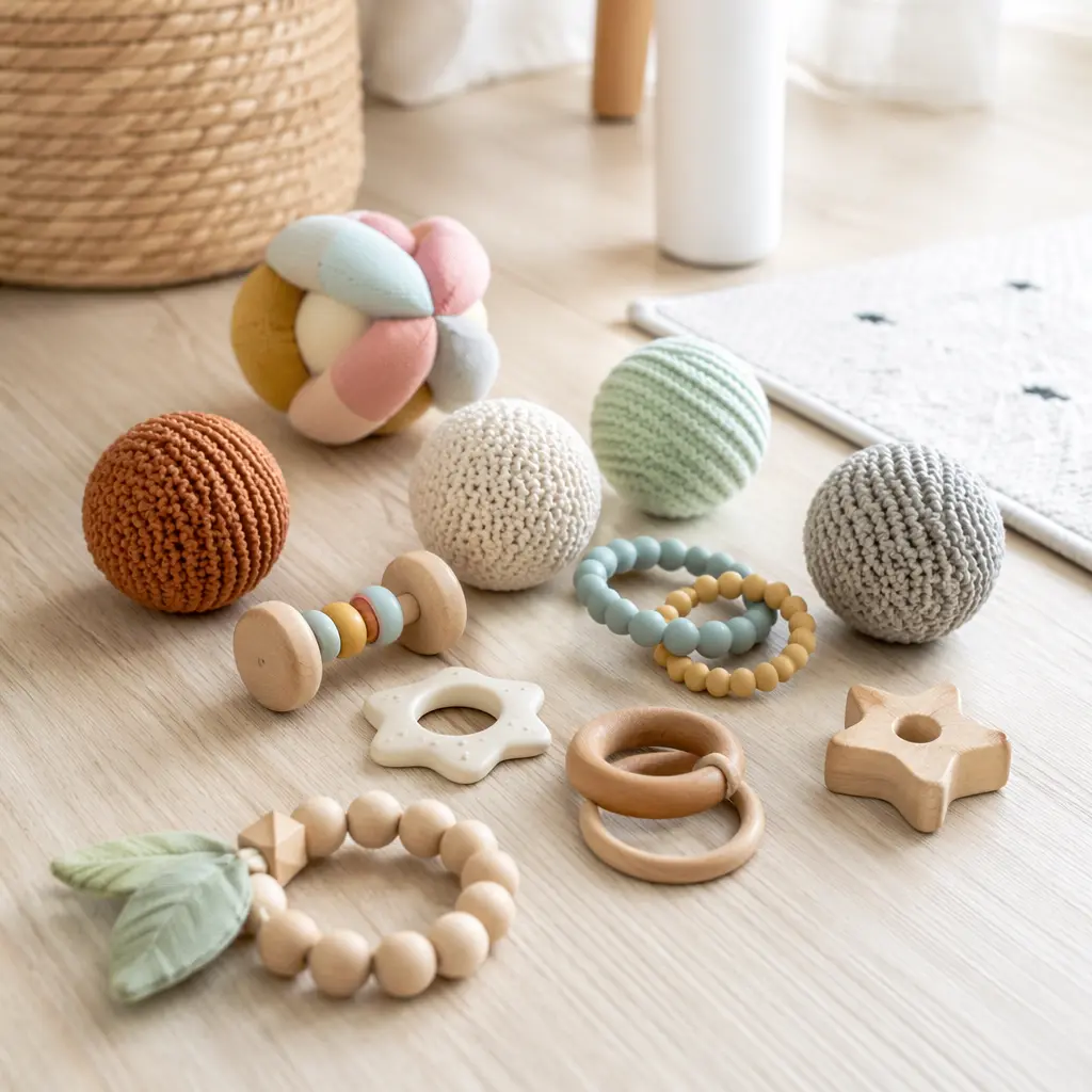 Textured baby toys arranged on a nursery floor