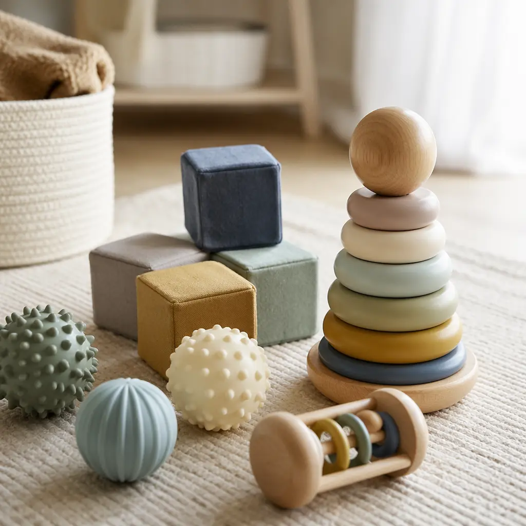 Quiet, classic baby toys made from wood and fabric arranged on a nursery floor
