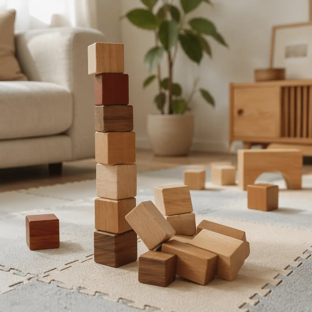 Chunky wooden blocks set up for stacking and repeating play