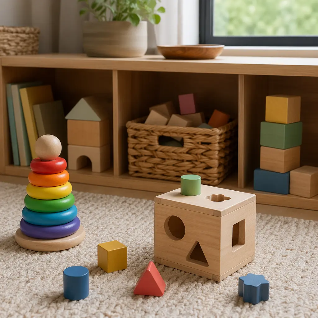 Simple wooden toddler toys arranged for calm, repetitive play
