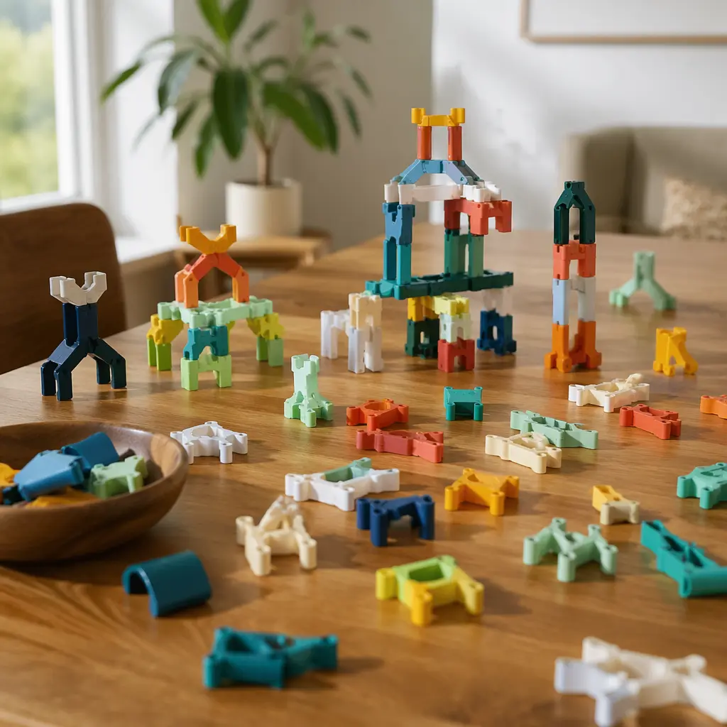 Open-ended building pieces arranged on a table with creative structures