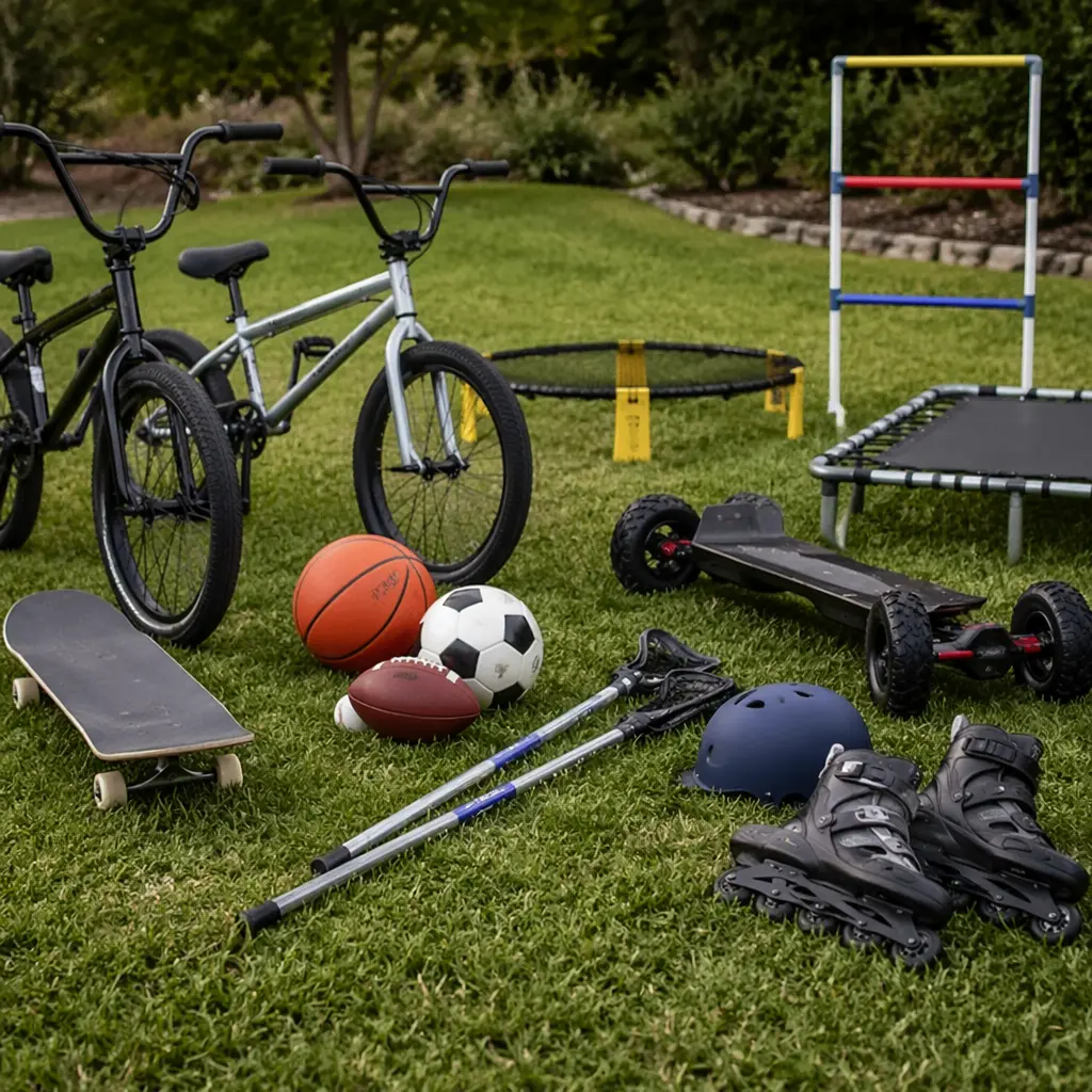 Outdoor play equipment designed for older children arranged on grass