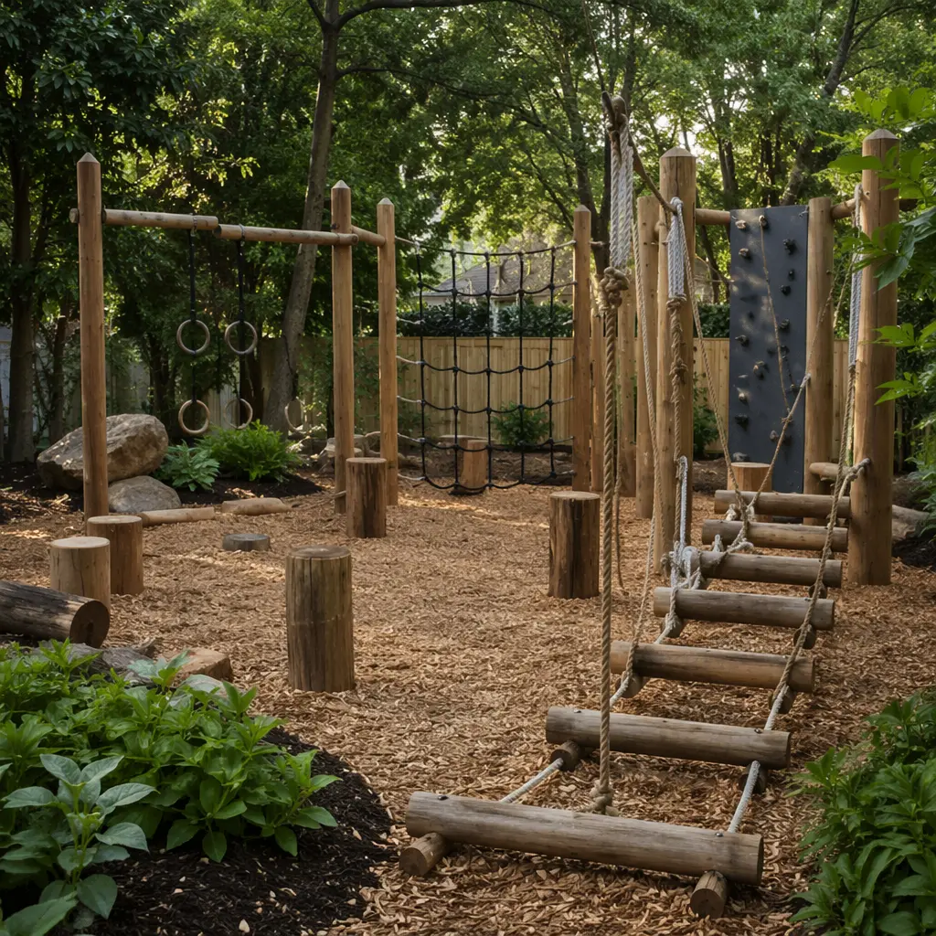 Backyard obstacle-style outdoor play setup for tweens