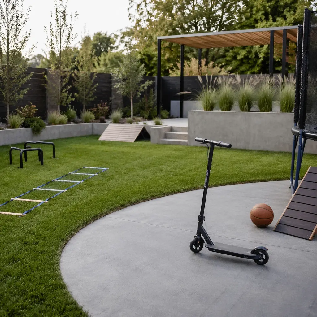Outdoor activity toys arranged in a modern backyard suitable for tweens
