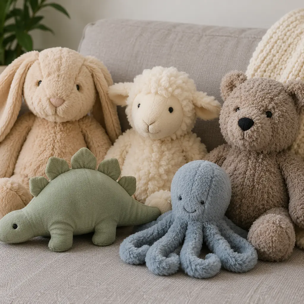 Plush toys showing a variety of soft textures on a sofa