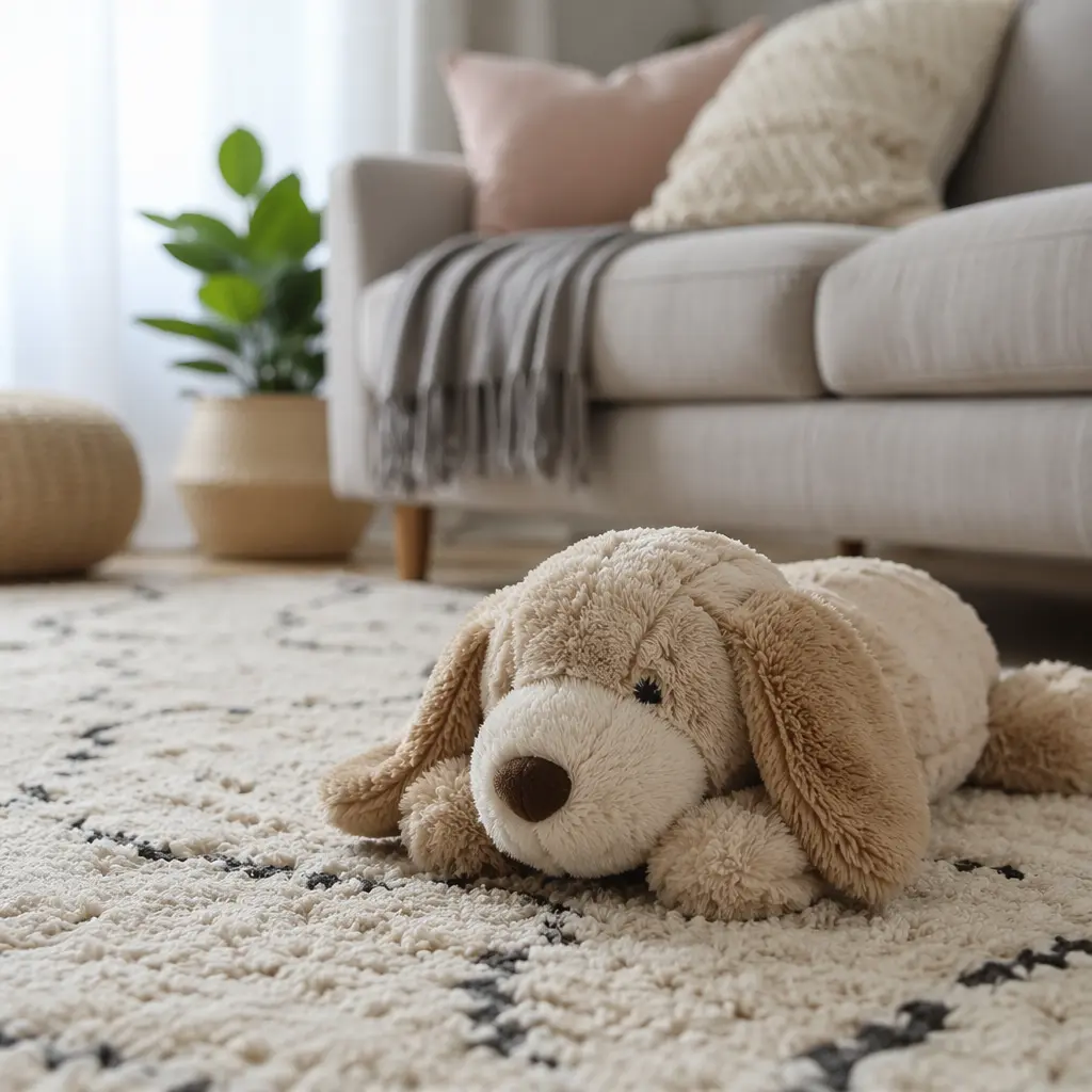 Soft plush toy in a calm, cozy living room setting