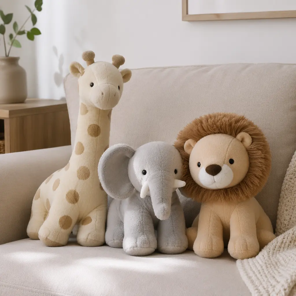 Minimalist plush animals with smooth textures resting on a sofa
