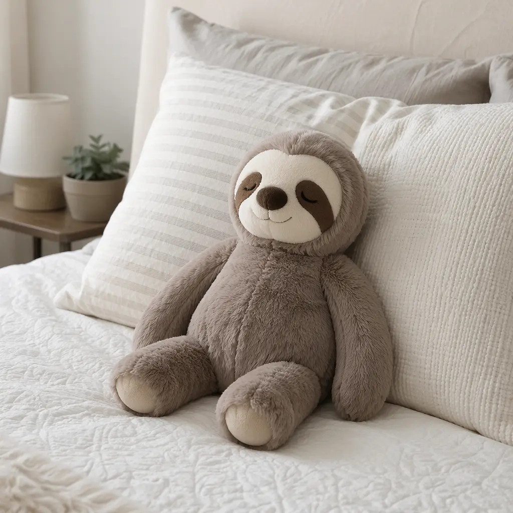 A weighted plush toy placed on a neatly made bed