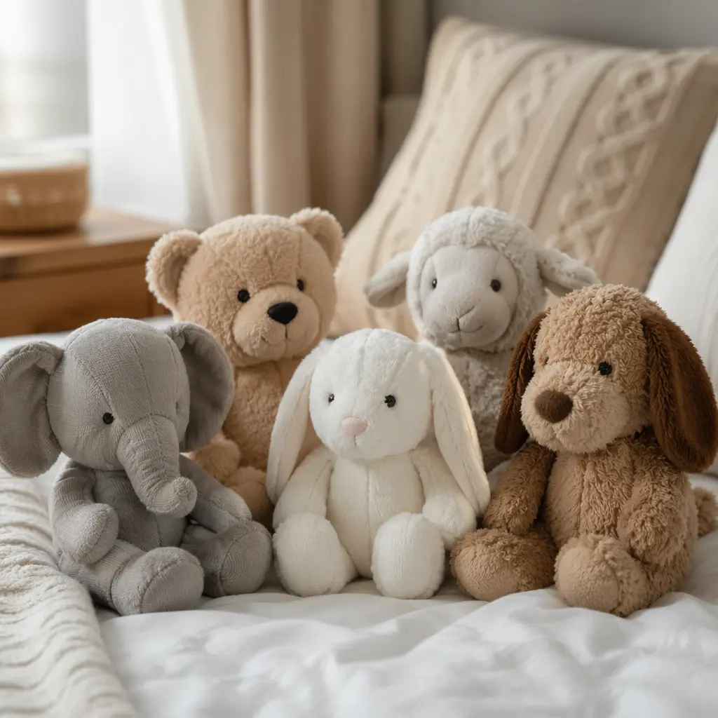 Soft plush toys in calm colors arranged in a cozy bedroom setting