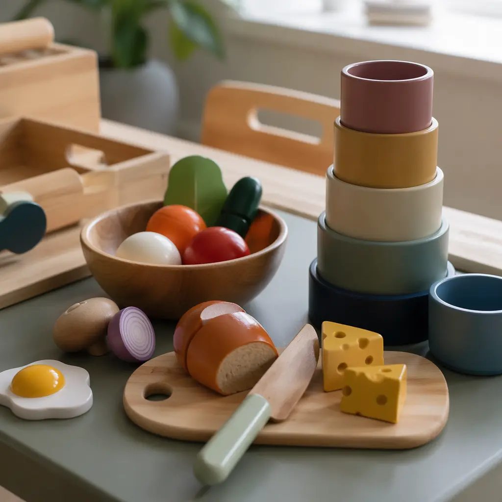 Toddler-scale pretend play items arranged for easy independent access
