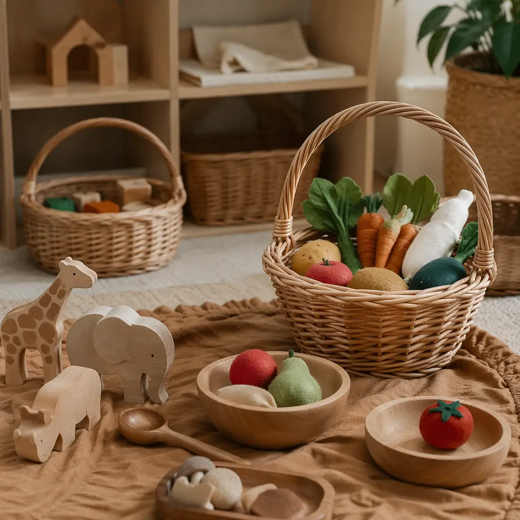 Cozy play corner set up for independent toddler pretend play