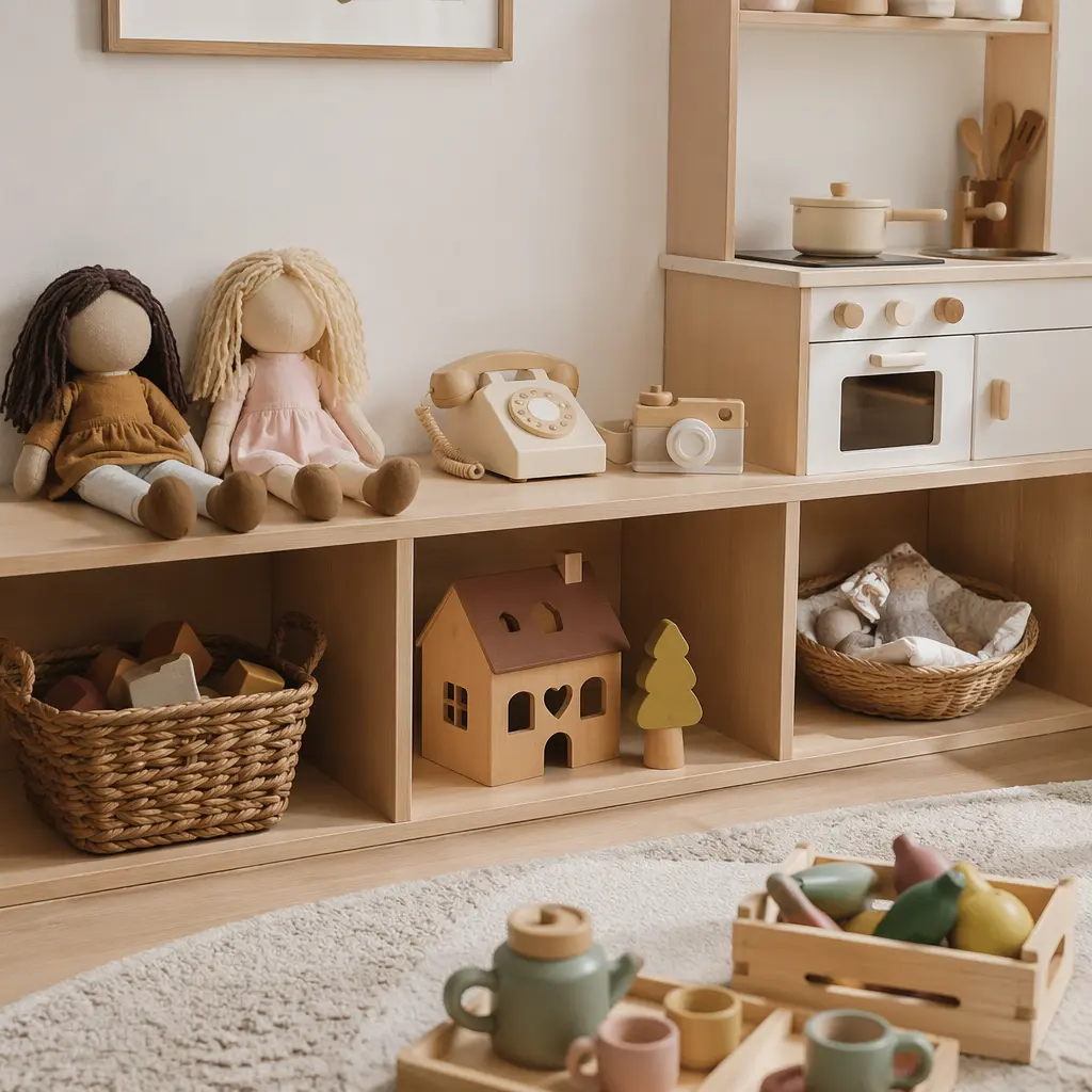 Simple pretend play toys arranged on a low shelf for toddler solo play