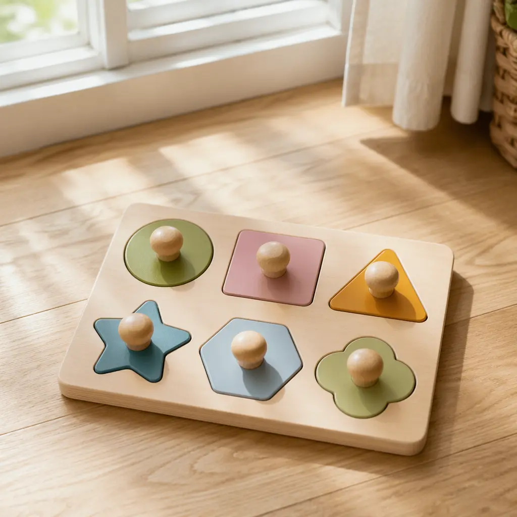 Simple peg-style baby puzzle with large knobs on a wooden floor