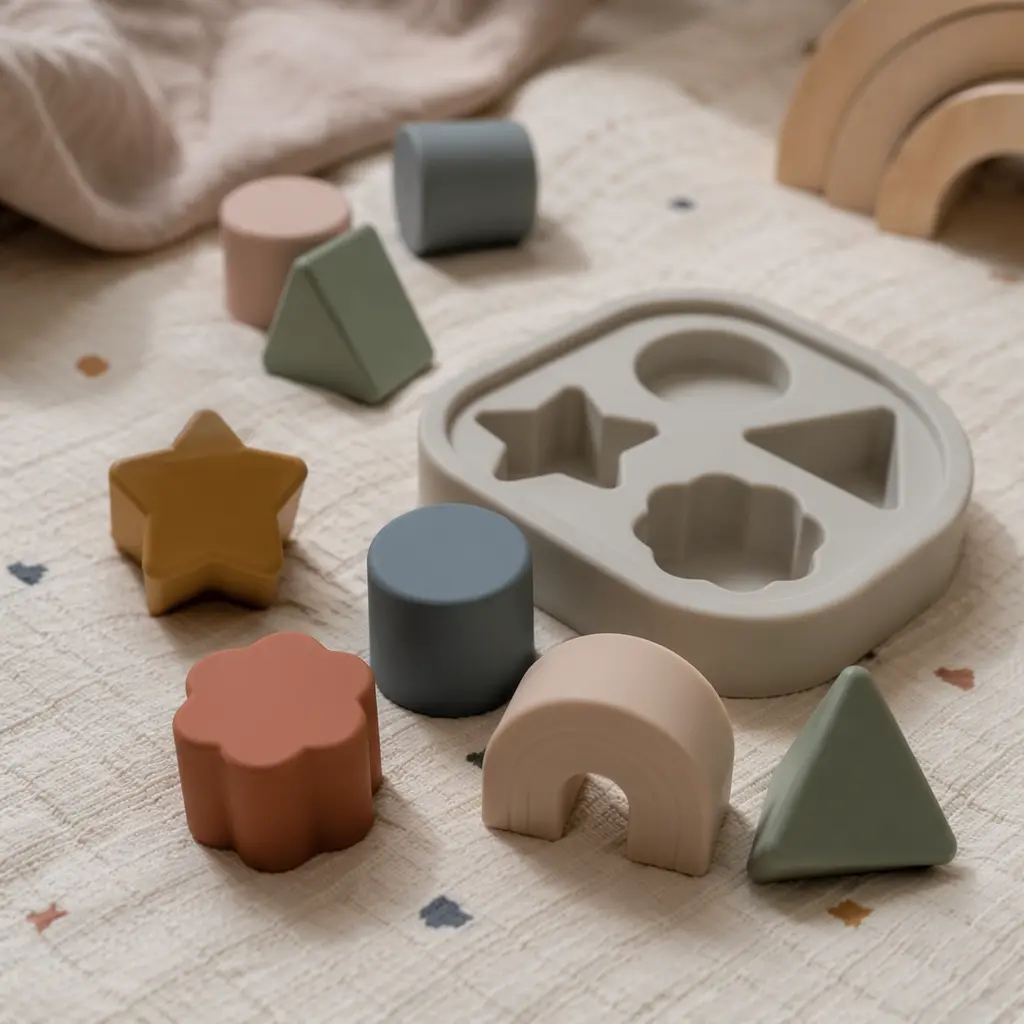 Soft silicone shape puzzle pieces on a baby play mat